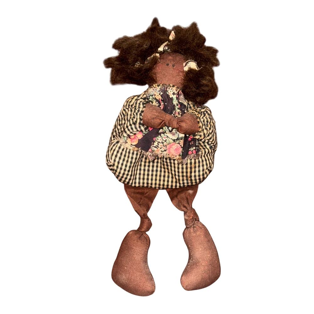 Vtg Primitive Folk Art Cloth Doll Hand Made Americana Woman Plaid Floral Dress
